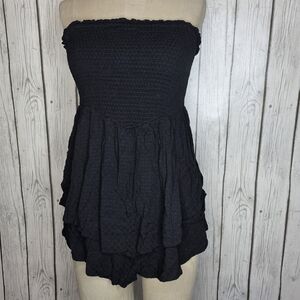 Maeve by Anthropologie Swiss Dot Smocked Peplum Tube Top Black Medium